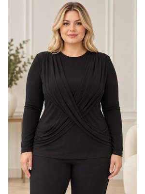 Hazelin Kadın Siyah Bisiklet Yaka Çapraz Drape Detaylı Uzun Kollu Bluz HZL28W-ZSS1150