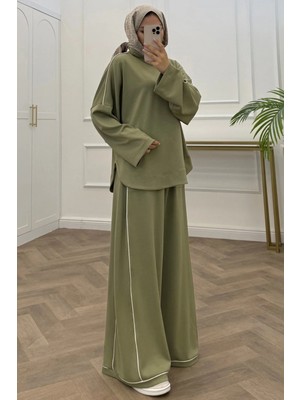 Tesettür Diyarı Hales Orijinal Modal Kumaş Şeritli Oversize Tesettür Takım- Haki