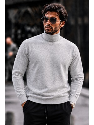 Damga Erkek Boğazlı Slim Fit Triko Açık Gri Kazak