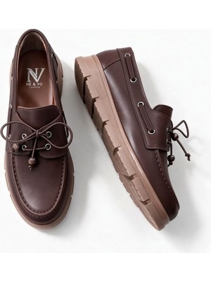 Ne&Ve Shoes Kahve Deri Kadın Lastik Bağlı Loafer Ayakkabı