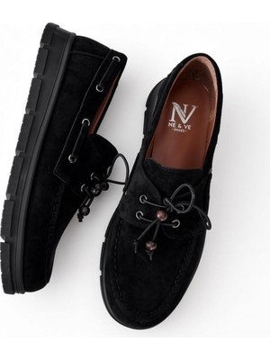 Ne&Ve Shoes Siyah Süet Kadın Lastik Bağlı Loafer Ayakkabı