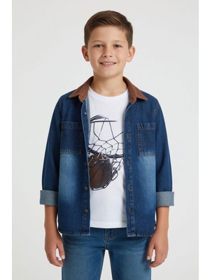Cansın Mini Lacivert Erkek Çocuk Baskılı Kısa Kol Tişörtlü Jean Gömlek 2li Takım 24513