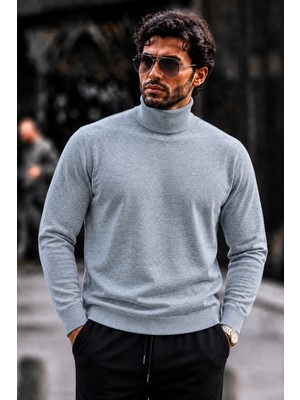 Damga Erkek Boğazlı Slim Fit Triko Gri Kazak