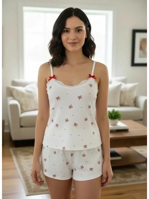 MTM My The Mall Giyim Kadın Askılı Şortlu Pijama Takımı Ekru Özel Tasarım