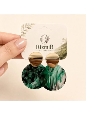 Rizmir Gold Yeşil Desenli Yuvarlak Sallantılı Kadın Küpe