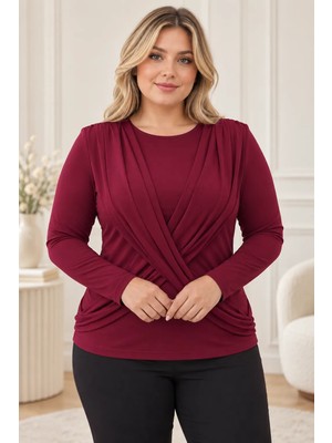 Hazelin Kadın Bordo Bisiklet Yaka Çapraz Drape Detaylı Uzun Kollu Bluz HZL28W-ZSS1150