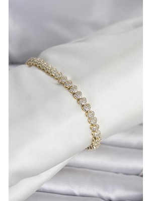 Efnaz Style Pirinç Gold Renk Kalp Model Sıralı Zirkon Taşlı Kadın Bileklik