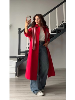 Elisin Kırmızı Marka Muadil  Çıtçıtlı Uzun Trençkot