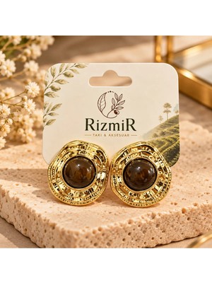 Rizmir Gold Çerçeveli Kahverengi Taşlı Yuvarlak Kadın Küpe