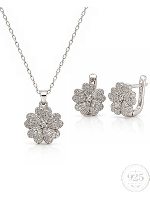 Servi 925 Ayar Gümüş Rose Garden Zirkon Taşlı Zarif Çiçek Kolye ve Küpe Seti