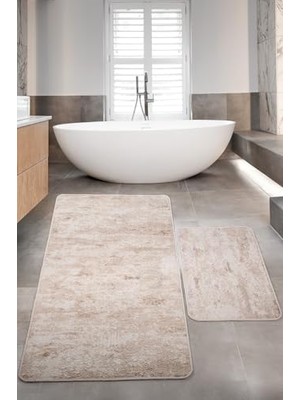 Odea Nova Krem 80X150 + 50X80 cm 2'li Banyo Halısı Paspas Seti, Kaymaz Taban