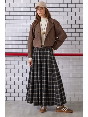 Madmext Siyah Ekose Desenli Kemerli Pileli Kadın Etek MG2925