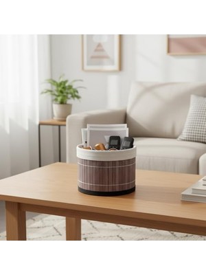 Odea Deconox Yuvarlak Bambu Düzenleyici ve Saklama Sepeti – Çok Amaçlı Banyo, Makyaj ve Ofis Organizeri, Kumaş Astarlı Dekoratif Silindir Kutu (18X13 Cm, Gri)