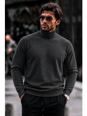Damga Erkek Boğazlı Slim Fit Triko Füme Kazak