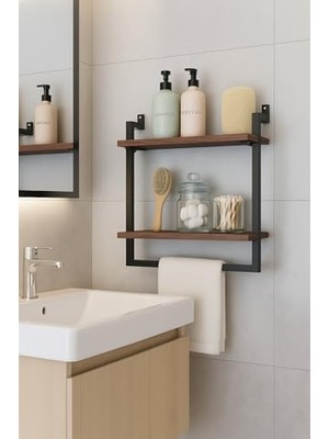 Odea 40X20 cm Banyo Rafı, Duvara Monte Havluluk, 2 Katlı Dekoratif Düzenleyici Organizer, Siyah Metal (Ceviz)