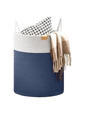 Odea Naturaweave Jüt Hasır Kirli Sepeti Banyo Sepeti Giyisi Havlu Battaniye Dergi Oyuncak Düzenleyici Saksı Sepet Organizer Hafif Kulp Detaylı Yumşak ve Dayanıklı Karavan Organizeri (Bej-Lacivert)