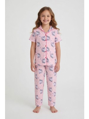 Cansın Mini Pembe Unicorn Desenli Kız Çocuk Göz Bantlı Pijama Takımı 24011