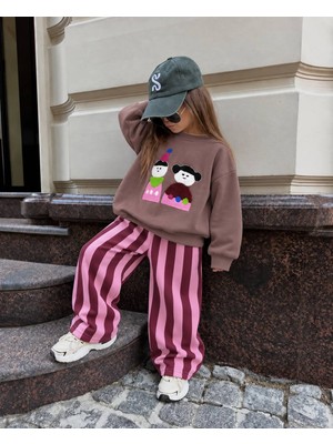 KR Kids Kız Çocuk Nakışlı Sweatshirt Pembe Bordo Çizgili Pantolon 2’li Takım