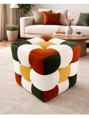 Renkli Patchwork Puf Modern Dekoratip Kare Puf
