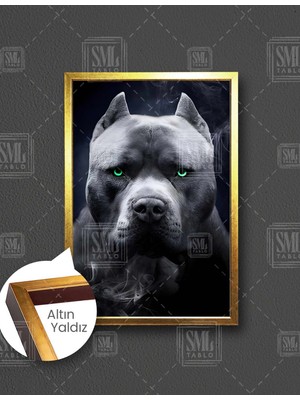 SML Tablo Yeşil Gözlü Pitbull Asi Köpek Irkı Etrafında Dumanlar Çerçeveli Dikey Kanvas Tablo