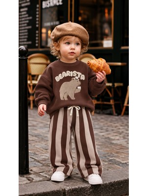 KR Kids Çocuk Kahverengi Bearista Nakışlı Sweatshirt Çizgili Alt Eşofman 2’li Takım