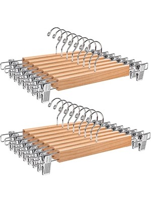 Odea 20 Adet 36CM Doğal Ahşap Elbise Askısı, Sağlam ve Parlak Pantolon Askısı, Pantolon, Şort, Etek, Çorap ve Iç Çamaşırı Için, Kaymaz Klipler ve Döner Kancalarla