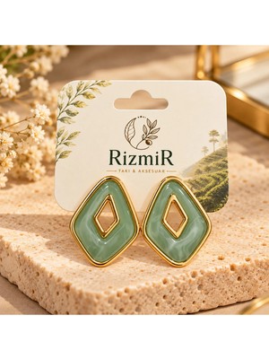 Rizmir Gold Çerçeveli Yeşil Geometrik Kadın Küpe