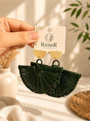 Rizmir Kadın Yeşil Hasır Görünümlü Yelpaze Sallantılı Küpe