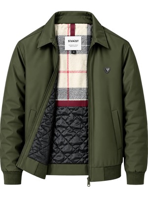 Sivaist Erkek Yeşil Harrington Ceket – Üçgen Armalı, Ekose Astarlı, Ribanalı, Fermuarlı Premium Mont