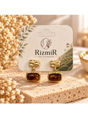 Rizmir Gold Çerçeveli Kahverengi Sallantılı Kadın Küpe