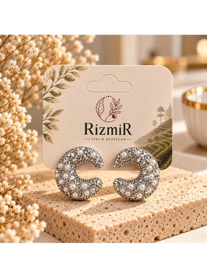 Rizmir Gümüş Renk Taşlı ve Inci Detaylı Ay Form Kadın Küpe