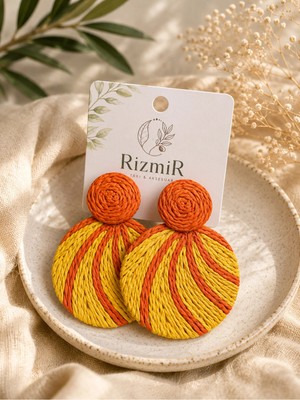 Rizmir Kadın Turuncu Sarı Yuvarlak Dokuma Sallantılı Küpe