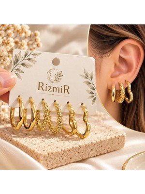 Rizmir Gold 3'lü Halka Küpe Seti Kadın Küpe