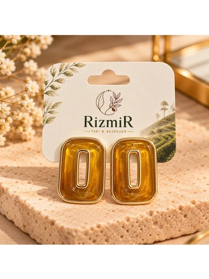 Rizmir Gold Çerçeveli Kahverengi Dikdörtgen Kadın Küpe