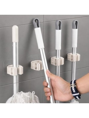 Odea Yapışkanlı Mop ve Süpürge Tutucu, Duvar Askısı | 4'lü Set