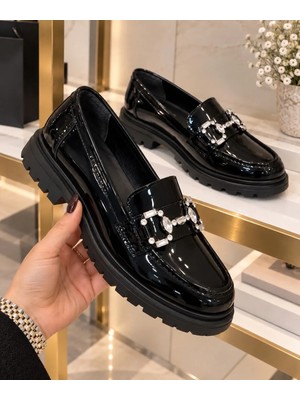 Zenora Shoes Kadın Tokalı Taşlı Loafer Makosen Ortopatik Kalın Tabanlı Ayakkabı