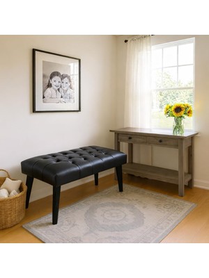 Odea Siyah Deri Kapitone Bank Bench Oturma Pufu | Modern Salon Antre Puf Ayakkabılık Önü Koltuk 90 * 45