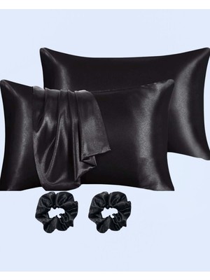 Universal Ipeksi Saten 50X70 cm Yastık Kılıfı 2 Adet, Kıvırcık Saçlar,dalgalı ve Düz Saçlar, Bordo 2 Adet Hediye Saten Toka,cilt Dostıu,cilt Bakım,kozmetik,hediyelik,çeyizlik Kullanılabilir (Siyah)