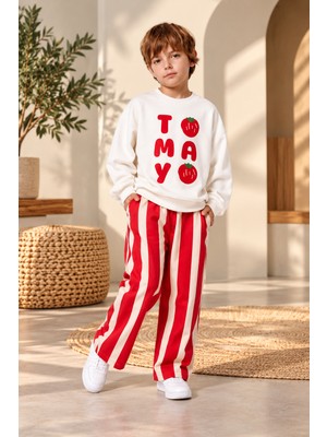 KR Kids Erkek Çocuk Domates Baskılı Beyaz Sweatshirt Kırmızı Beyaz Çizgili Bol Paça Pantolon 2'li Takım