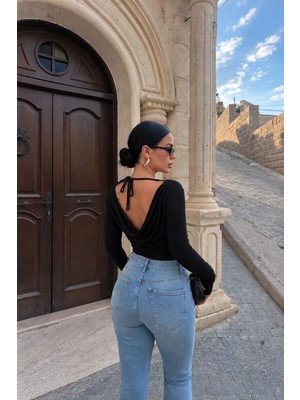 EVOA Kadın Sırt Dekolteli Kayık Yaka Çıtçıtlı Body Xs - Siyah