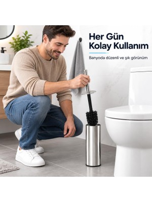 Fumeyabi Paslanmaz Çelik Tuvalet Fırçası, Kapaklı Wc Fırçası Seti, Gümüş Renk, Modern Banyo ve Tuvalet Aksesuarı, Tuvalet Fırçası