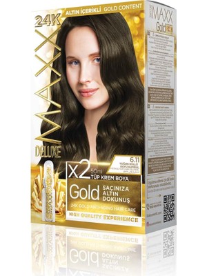 Odea Maxx Deluxe Gold Serisi 24K Altın Parçacıklı Serum ile 1 Kutu 2 x 50 ml ve Geliştiriciler Saç Boyası (Yoğun Küllü Koyu Kumral 6.11)