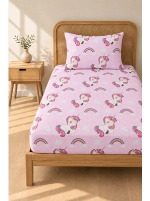 Boreas Home Unicorn Pembe Desenli Tek Kişilik Lastikli Çarşaf ve Yastık Kılıfı Seti 100X200 cm