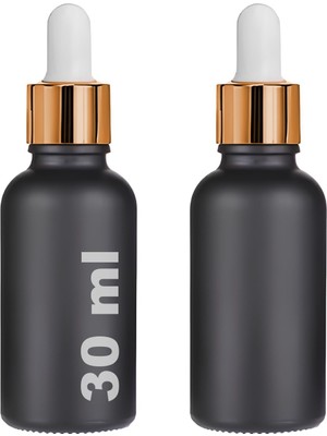 Odea 30 ml Mat Siyah Cam Damlalıklı Serum Şişesi 30 cc Renkli Metal Kapaklı Dropper Cam Şişe 2 Adet (Gold Yüzük | Beyaz Lastik)