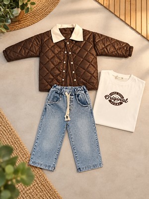 KR Kids Erkek Çocuk 3’lü Takım Kapitone Mont, Baskılı Tişört ve Bol Kesim Jean Pantolon