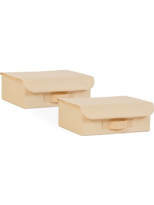Odea Ocean Home Textile 2'li Bej Balıksırtı Kapaklı Kutu Set 30 x 23 x 11 cm