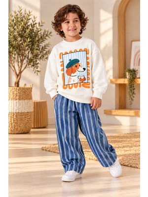 KR Kids Erkek Çocuk Köpek Baskılı Ekru Sweatshirt ve Mavi Beyaz Çizgili Bol Paça Pantolon 2'li Takım
