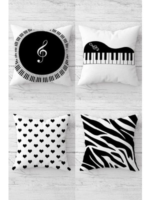 Odea Pelangi Piyano Zebra Nota Müzik Gizli Fermuarlı Kırlent Kılıfı Koltuk Yastık Kılıfı TAKIM(4ADET), Siyah-Beyaz 45 x 45