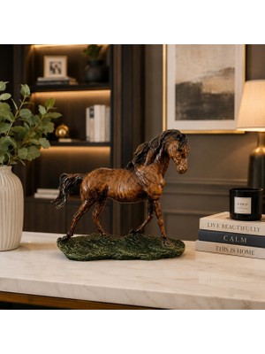Odea Dekoratif At Biblosu 23 cm Reçine Modül At Heykeli Ahşap Renk Eskitme Salon Ofi Konsol ve Kitaplık Dekoru Heykel Masa Üstü Hediyelik Biblo Yaşam Tarzı Modern Dokunuş