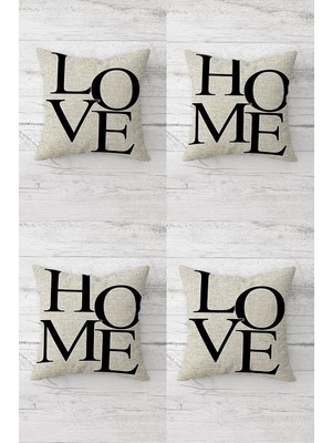 Odea Pelangi Love Home Yazı Yastık Kılıf Kombin Gizli Fermuarlı Kırlent Kılıfı Koltuk Yastık Kılıfı TAKIM(4ADET), Bej-Siyah 45 x 45